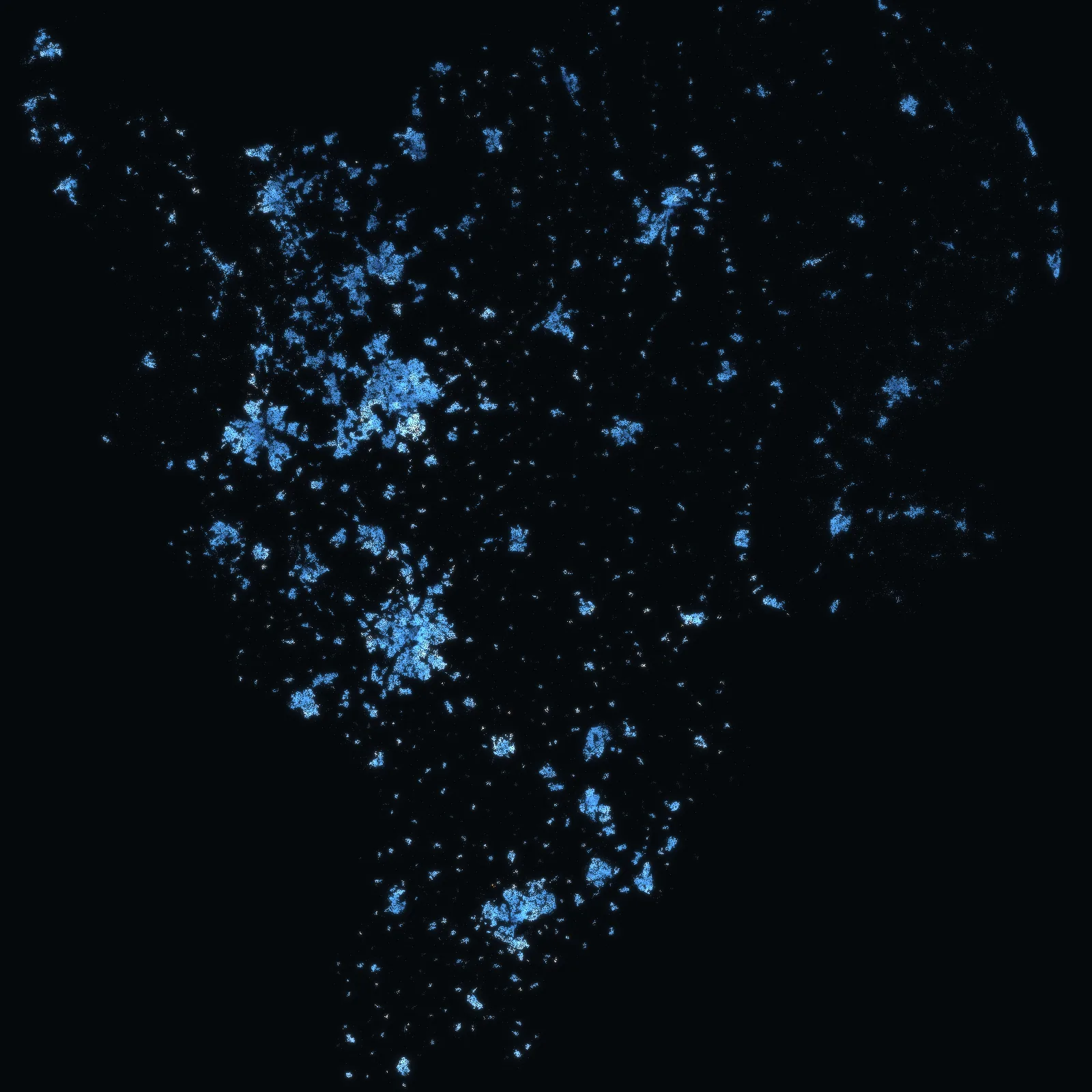 The East Midlands at night: every address with a sale since 1995 a point of light, coloured by the median price of the homes sold around it