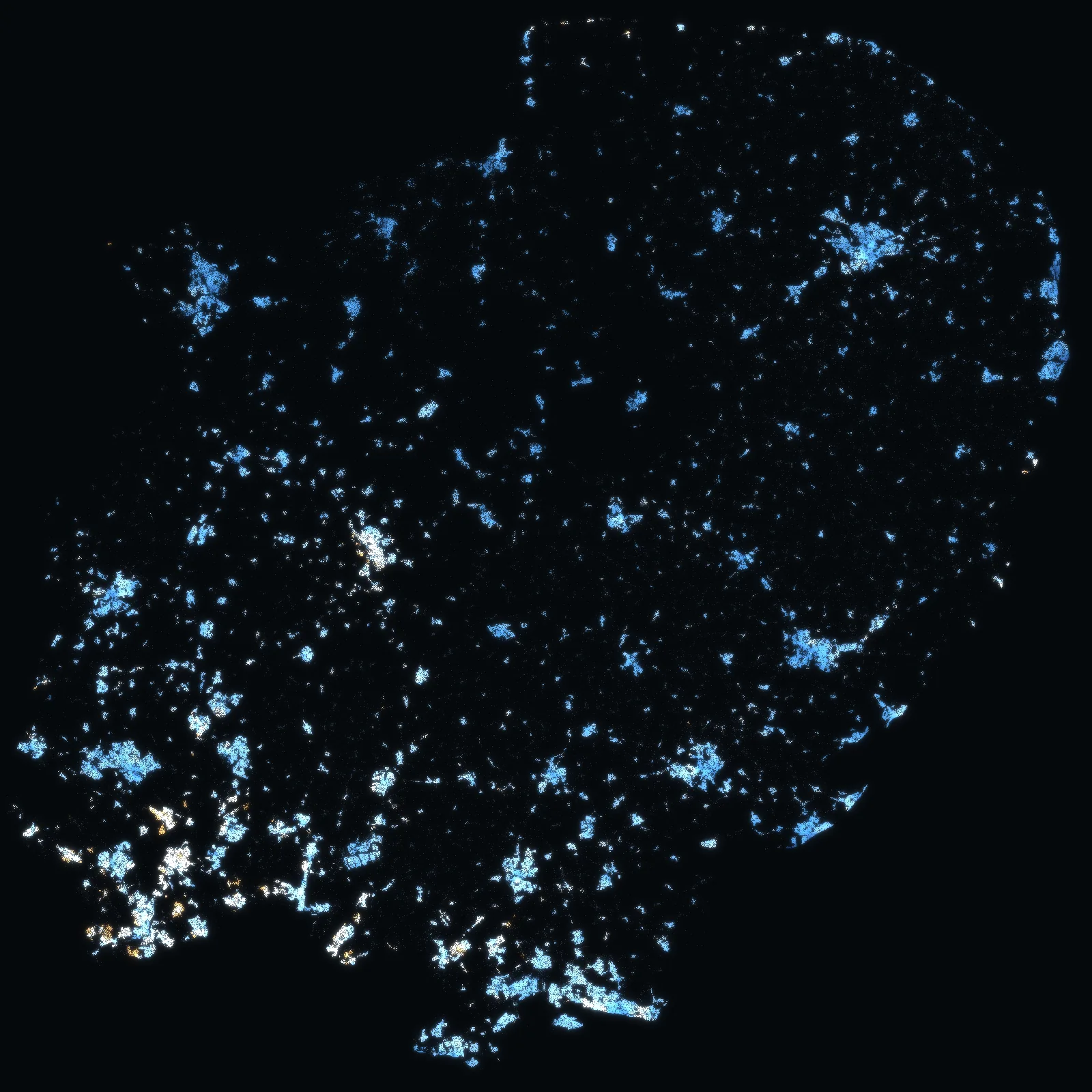 The East of England at night: every address with a sale since 1995 a point of light, coloured by the median price of the homes sold around it