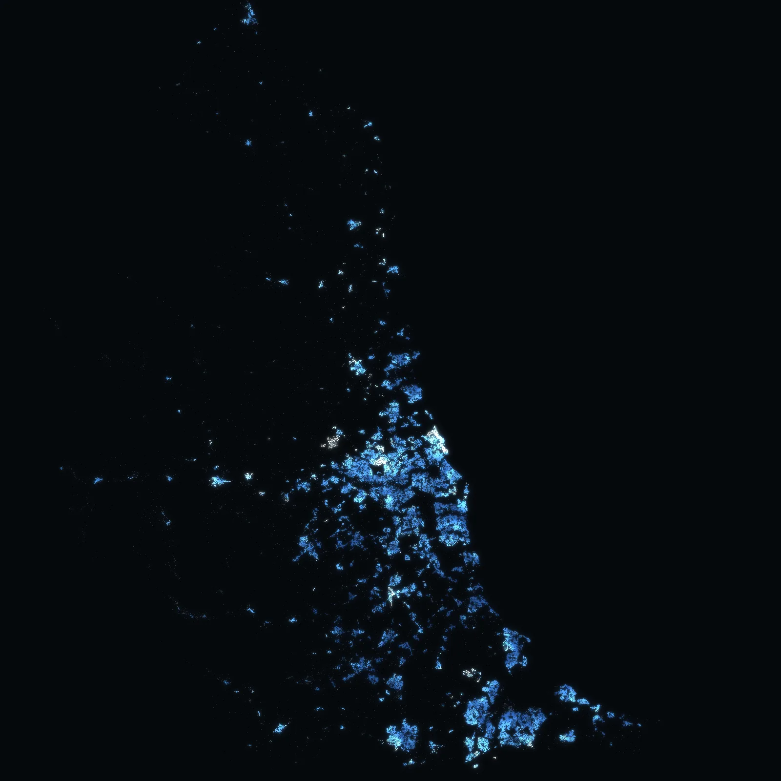 The North East at night: every address with a sale since 1995 a point of light, coloured by the median price of the homes sold around it