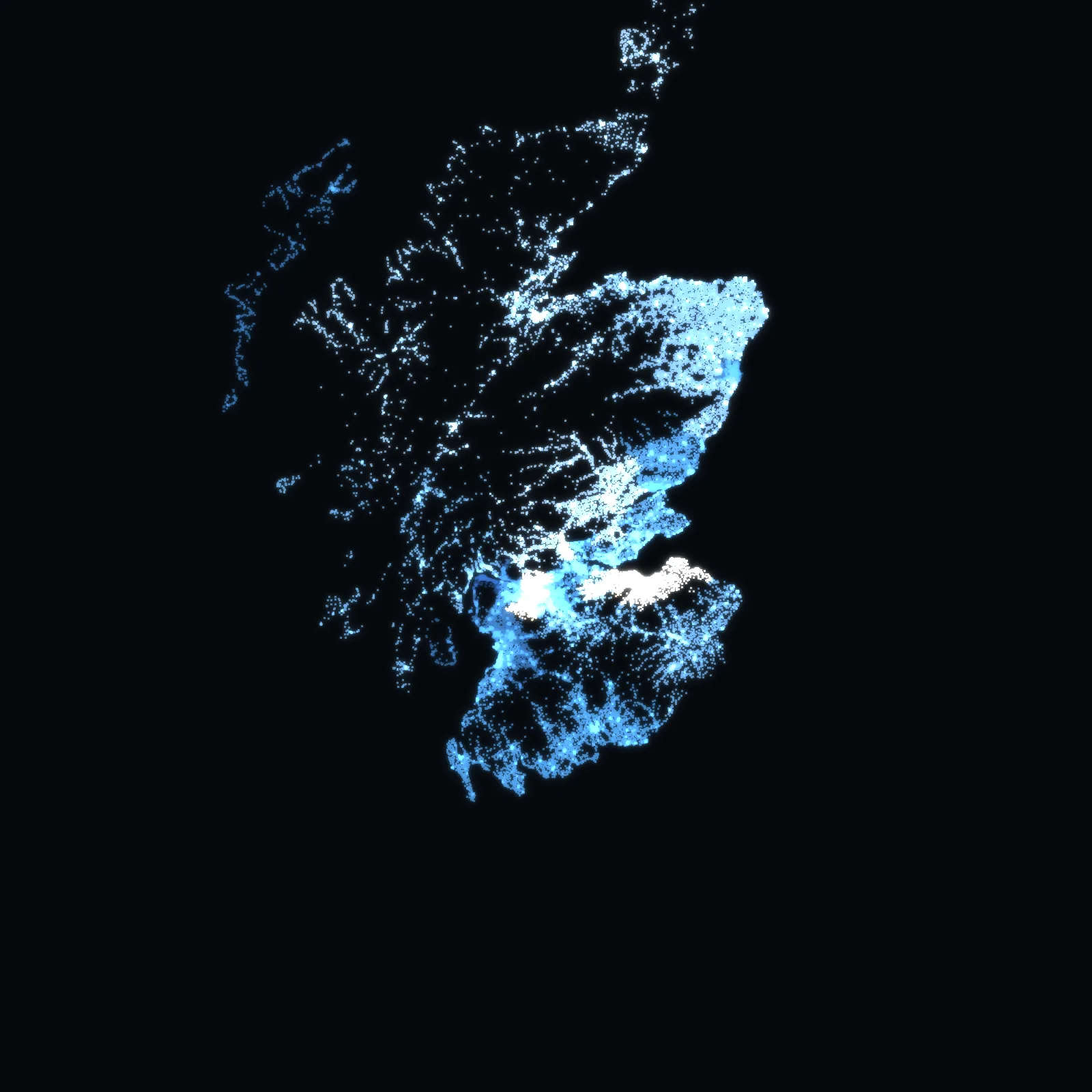 Scotland at night – every postcode a point of light, coloured by its council area’s average price