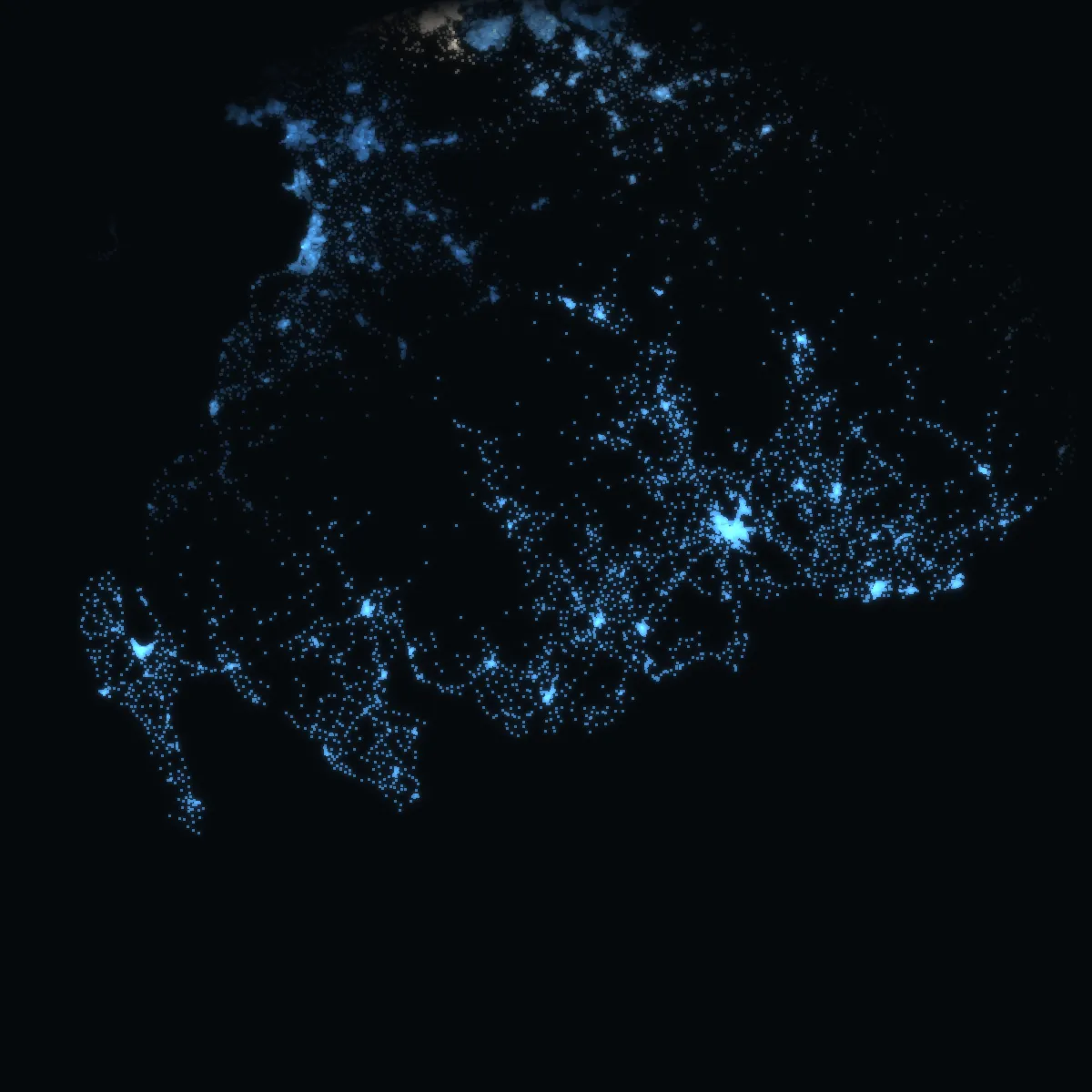 Dumfries and Galloway – every postcode a point of light, coloured by the council area’s average price