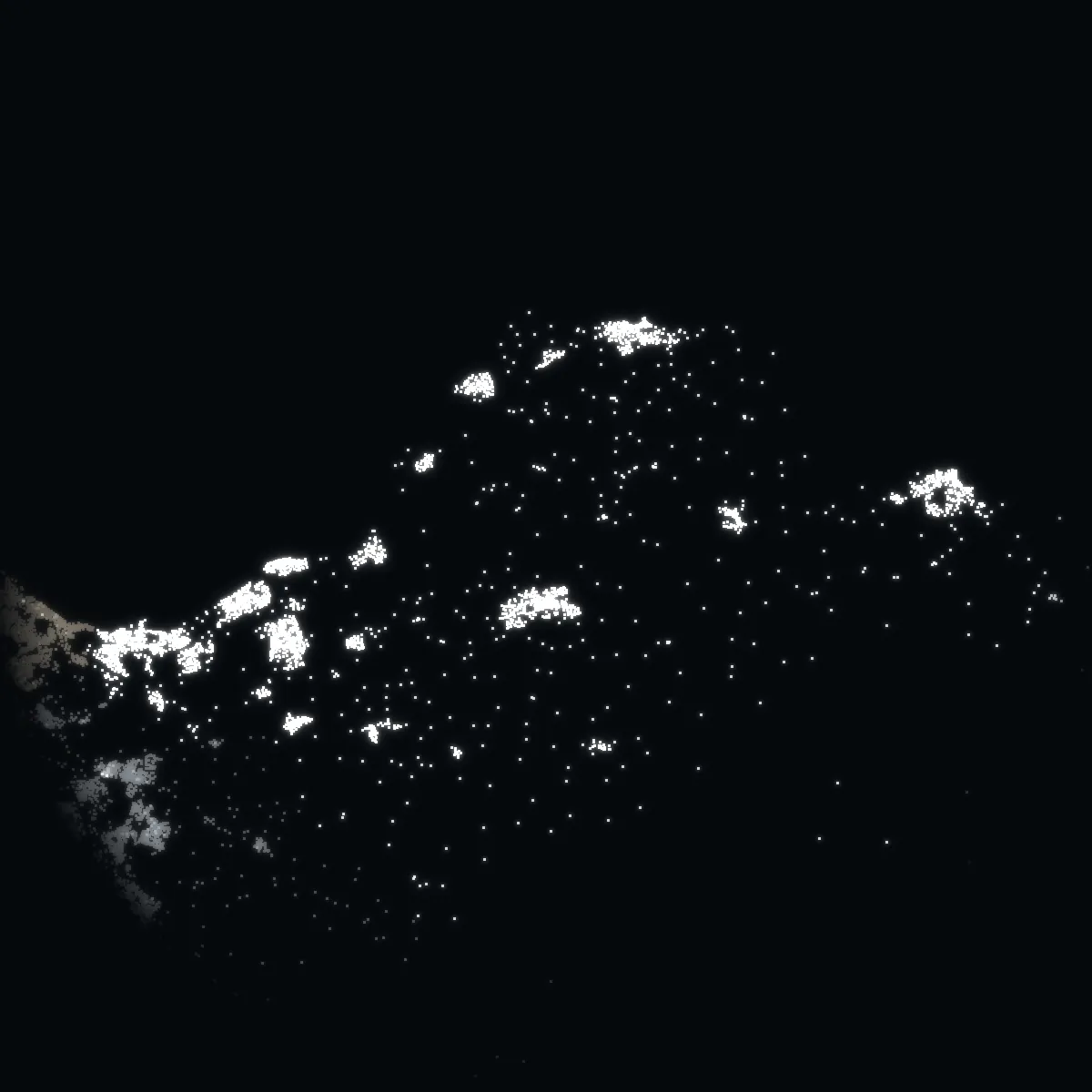 East Lothian – every postcode a point of light, coloured by the council area’s average price