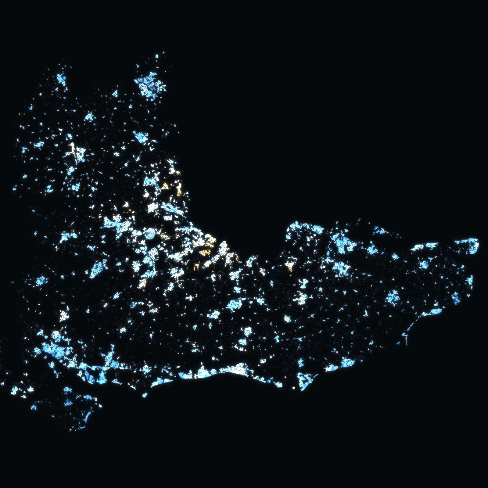 The South East at night: every address with a sale since 1995 a point of light, coloured by the median price of the homes sold around it