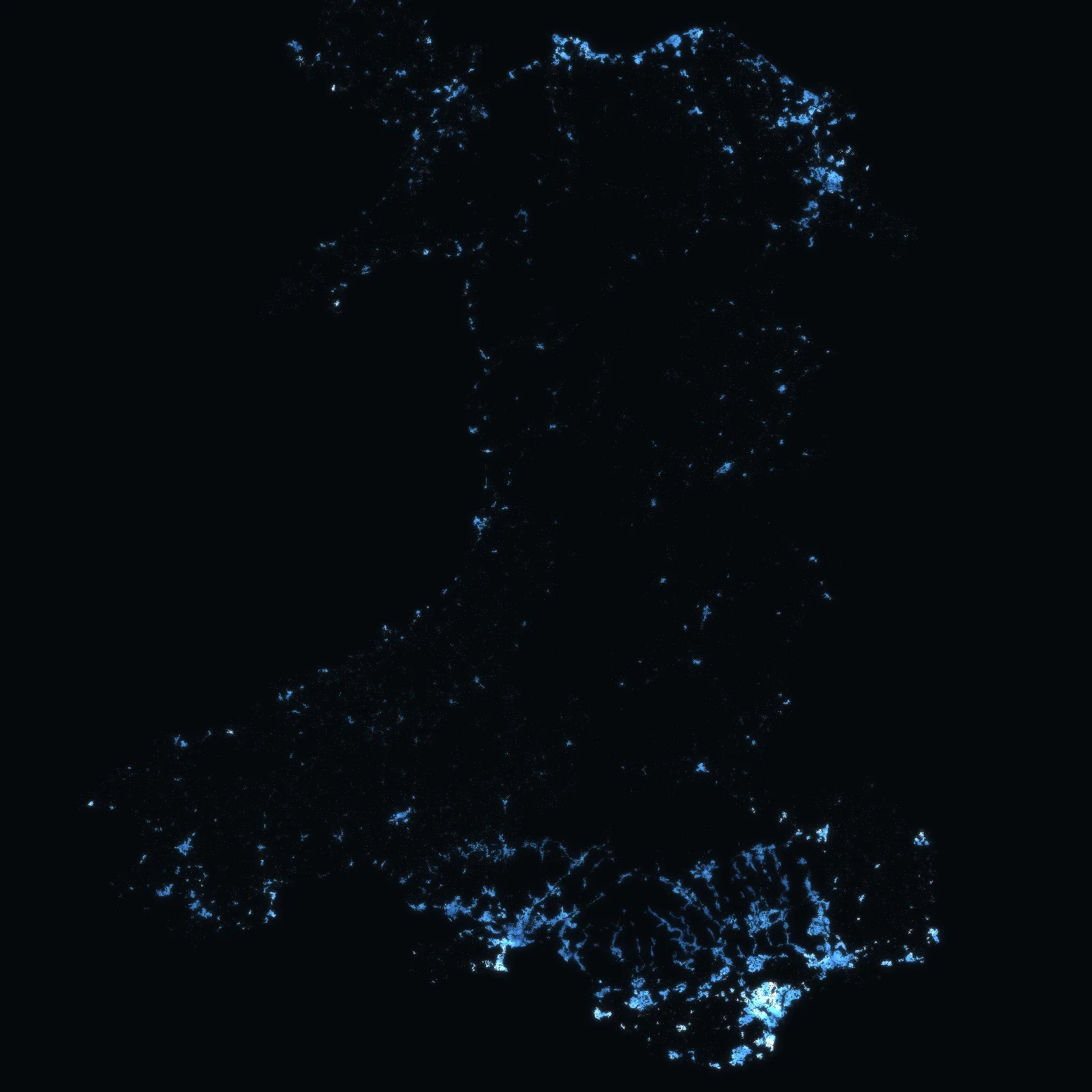 Wales at night: every address with a sale since 1995 a point of light, coloured by the median price of the homes sold around it