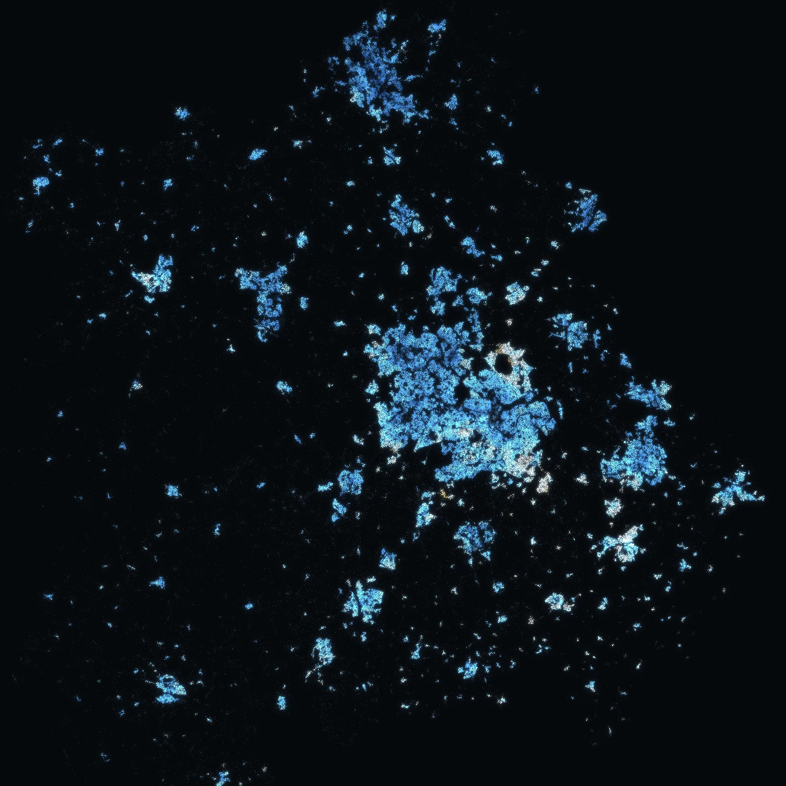 The West Midlands at night: every address with a sale since 1995 a point of light, coloured by the median price of the homes sold around it