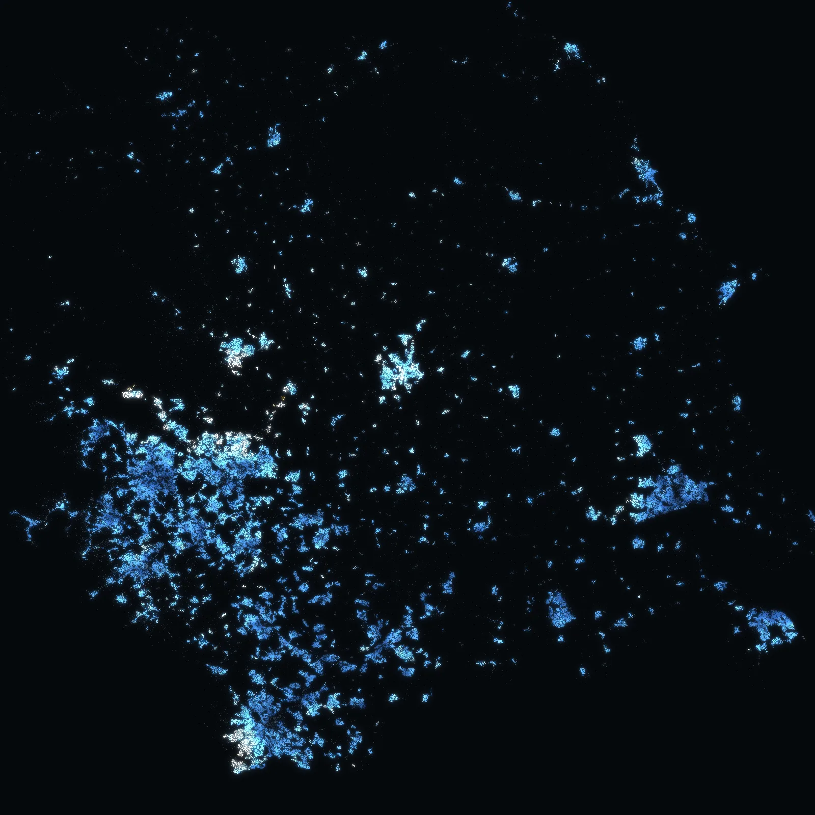 Yorkshire and The Humber at night: every address with a sale since 1995 a point of light, coloured by the median price of the homes sold around it